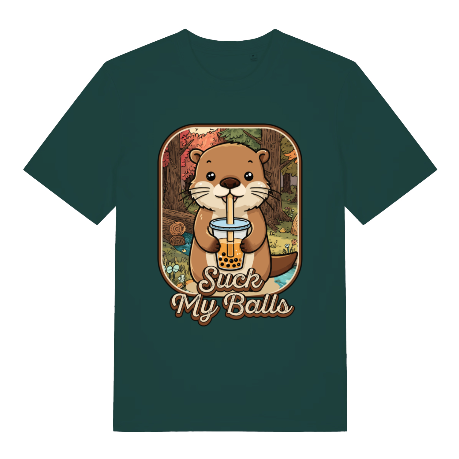 Green Bubble Tea Beaver T-shirt flat lay featuring funny beaver bubble tea pun graphic perfect rude banter tee