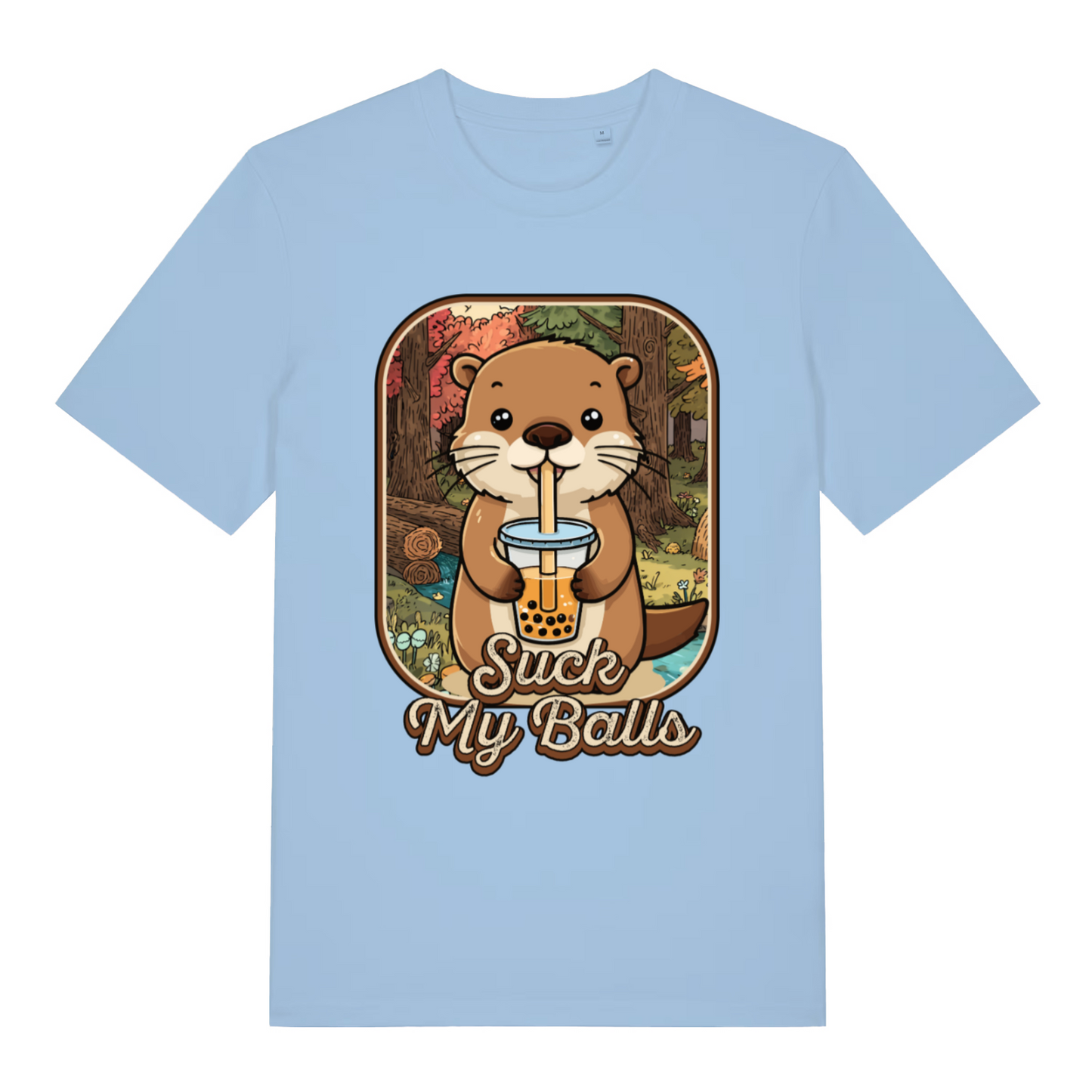 Light blue Bubble Tea Beaver T-shirt flat lay showing adorable cartoon beaver with "Suck My Balls" text