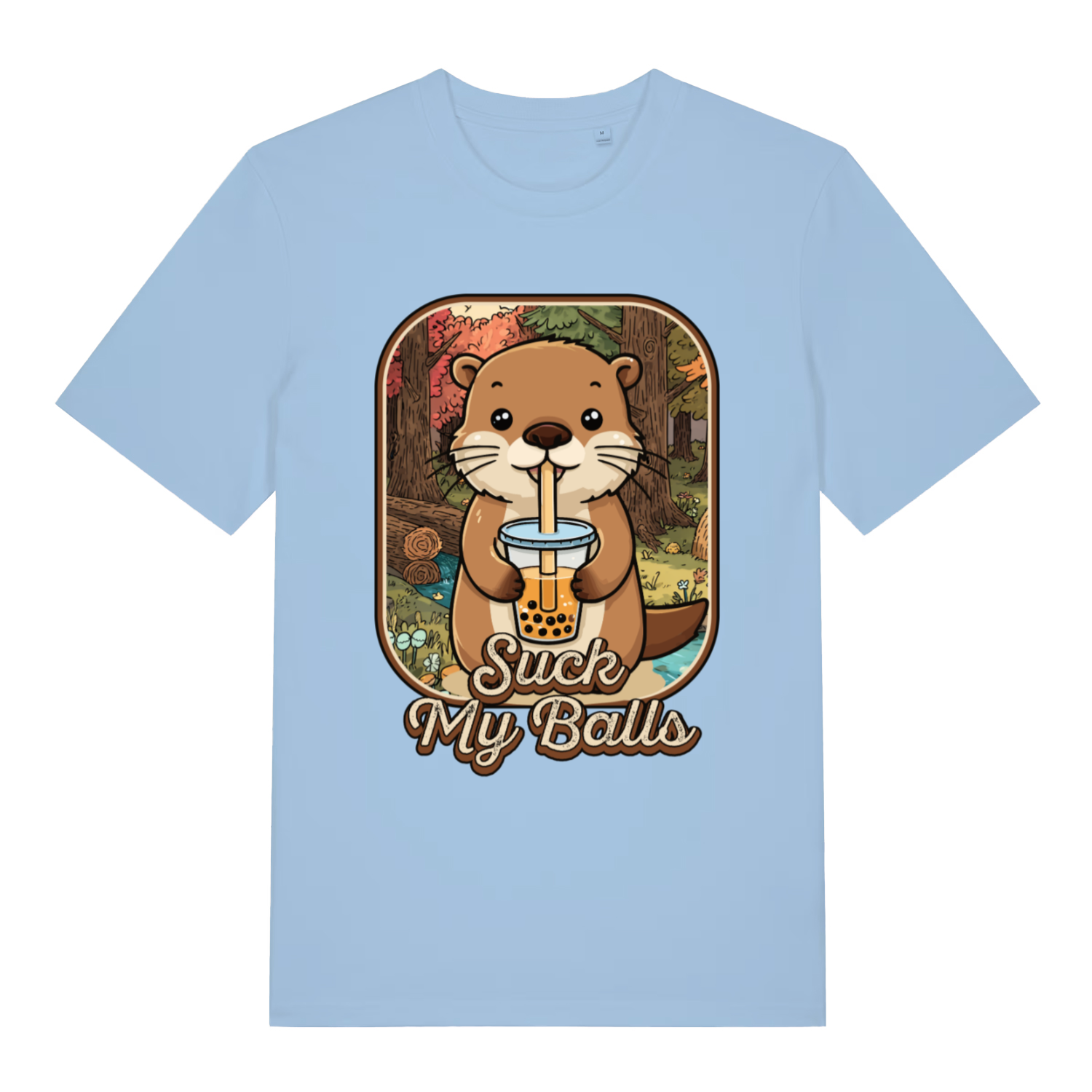 Light blue Bubble Tea Beaver T-shirt flat lay showing adorable cartoon beaver with "Suck My Balls" text