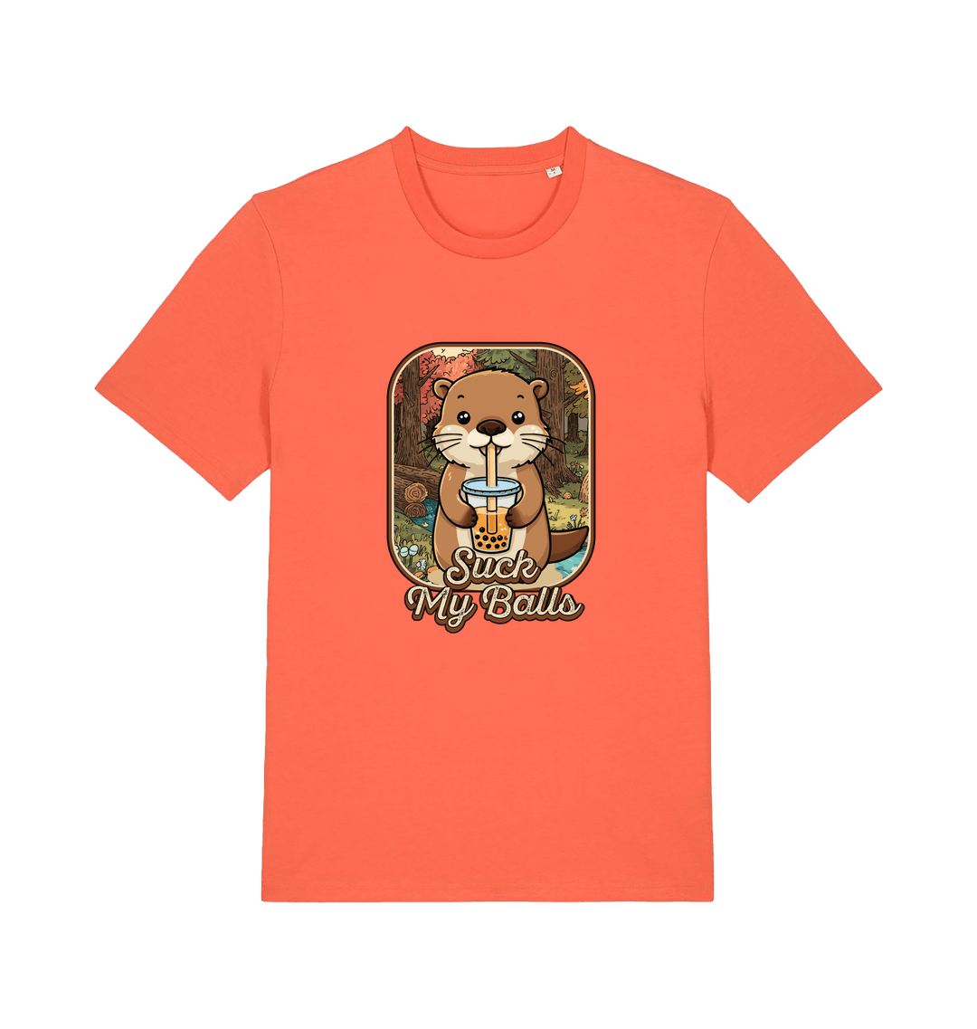 orange animal t-shirt with the graphic of a beaver and the text 'suck my balls'