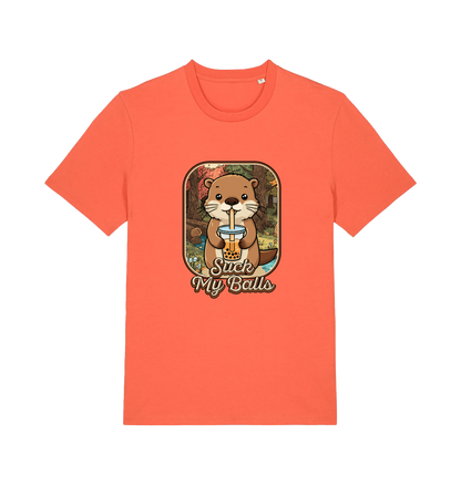 orange animal t-shirt with the graphic of a beaver and the text 'suck my balls'