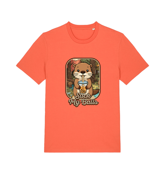 orange animal t-shirt with the graphic of a beaver and the text 'suck my balls'