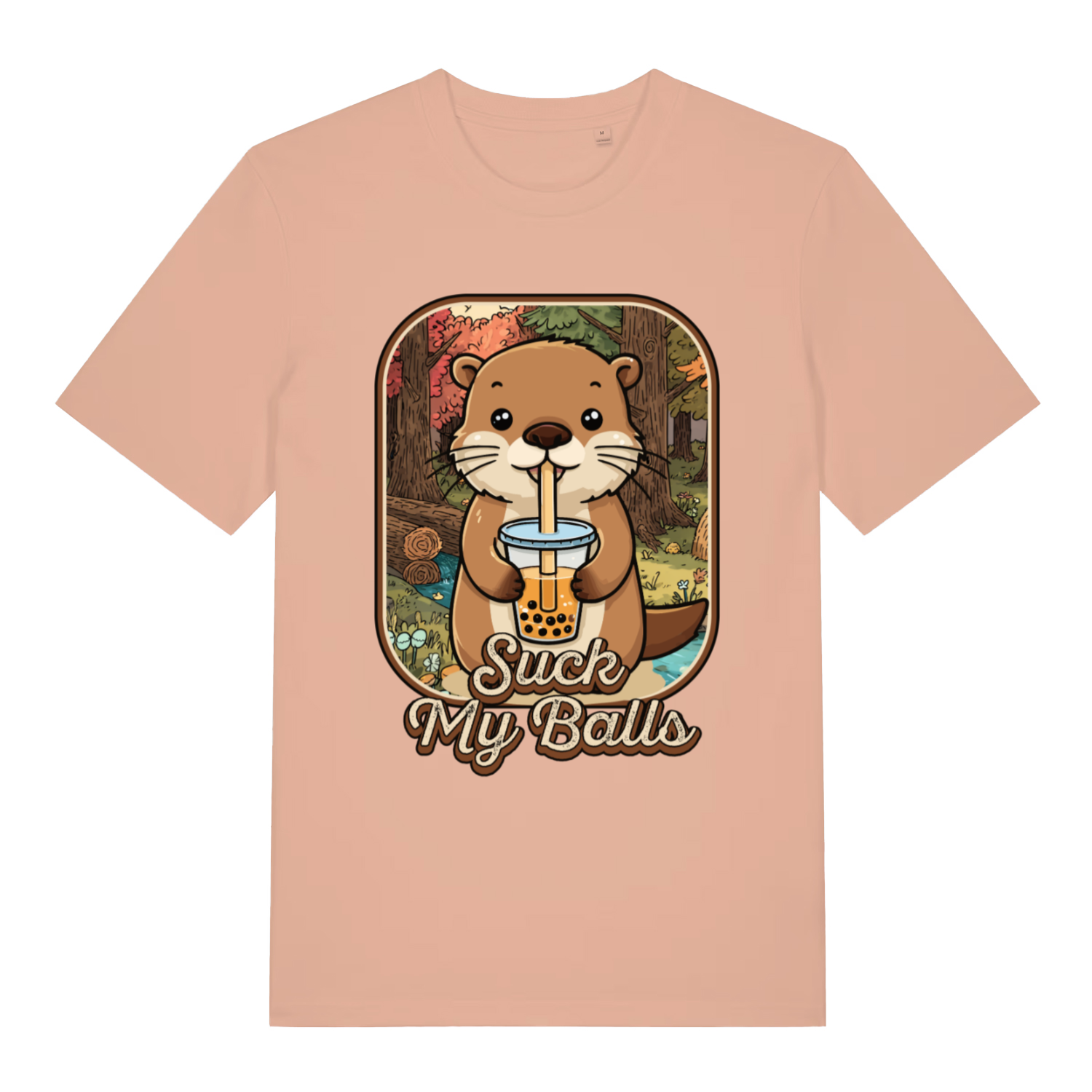 Peach Bubble Tea Beaver T-shirt flat lay with cute animal bubble tea design and cheeky slogan