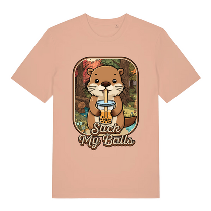 Peach Bubble Tea Beaver T-shirt flat lay with cute animal bubble tea design and cheeky slogan