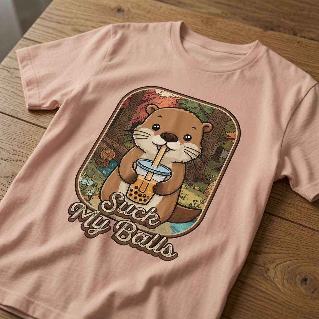 Peach Suck My Balls beaver t-shirt on wood, mens funny animal graphic shirt