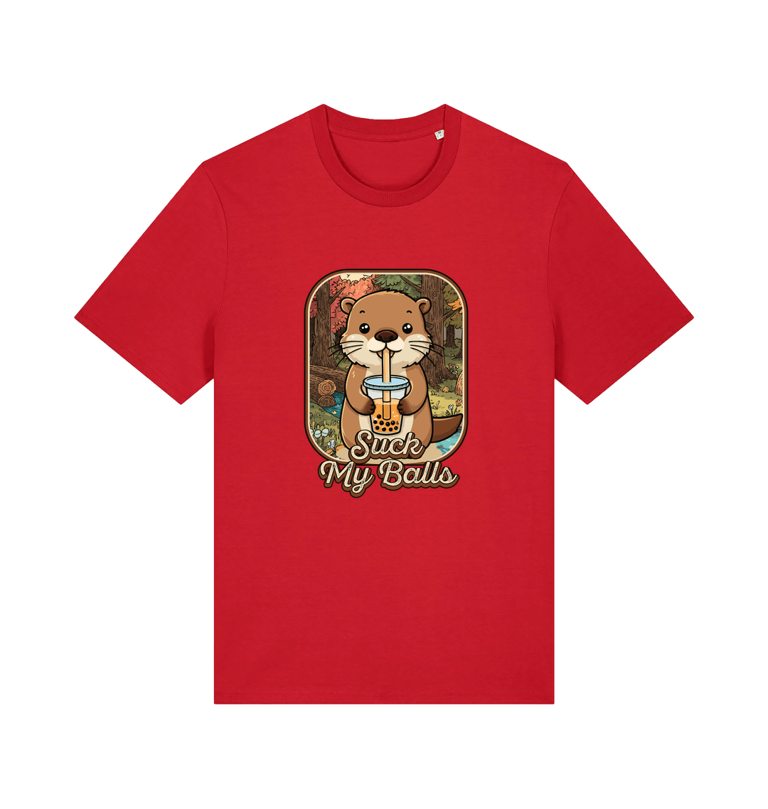 red animal t-shirt with the graphic of a beaver and the text 'suck my balls'