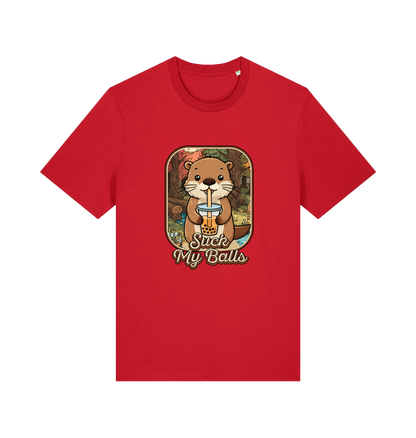 red animal t-shirt with the graphic of a beaver and the text 'suck my balls'