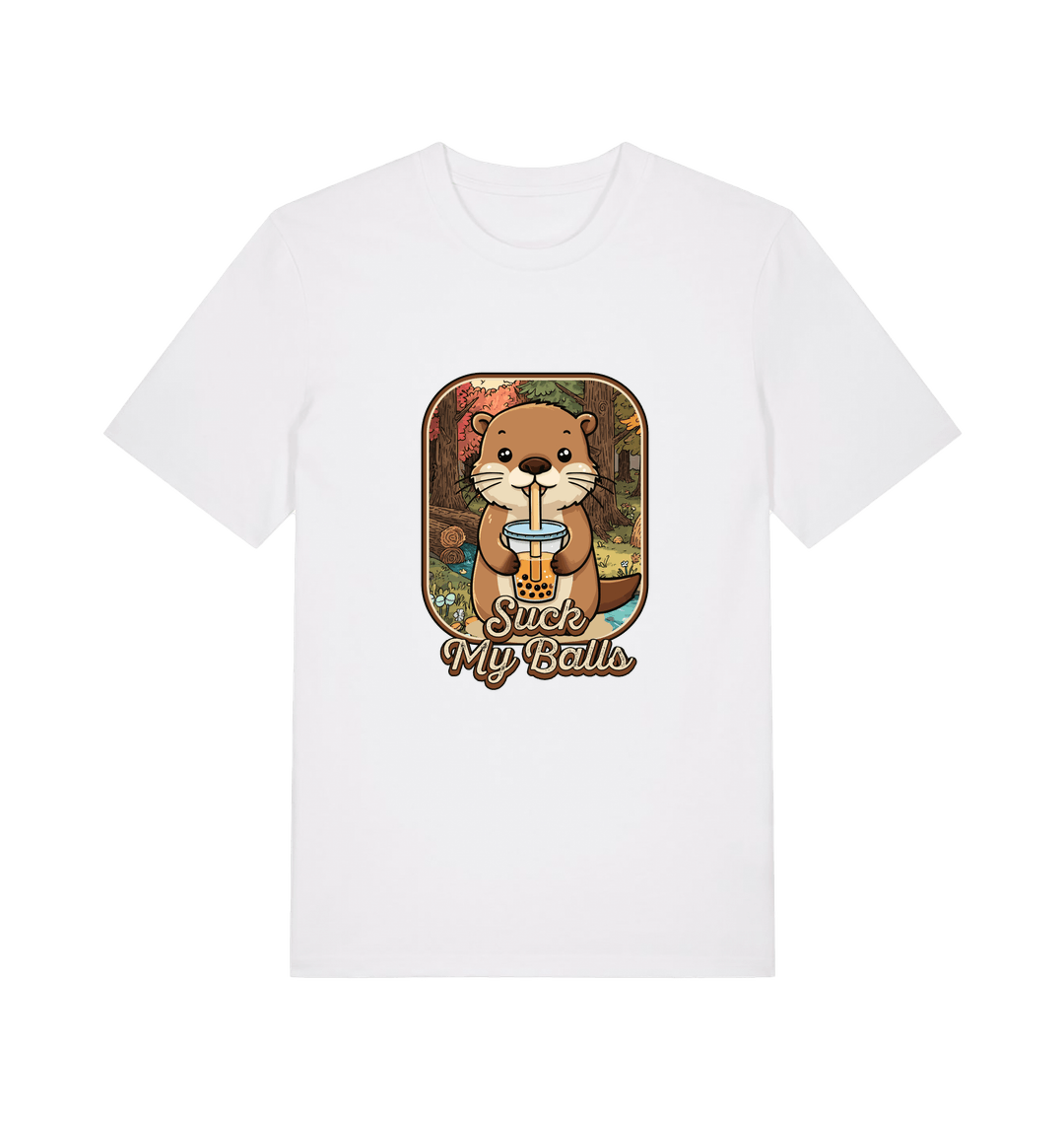 white animal t-shirt with the graphic of a beaver and the text 'suck my balls'