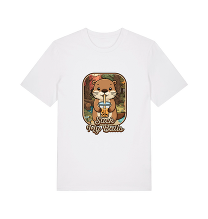 white animal t-shirt with the graphic of a beaver and the text 'suck my balls'