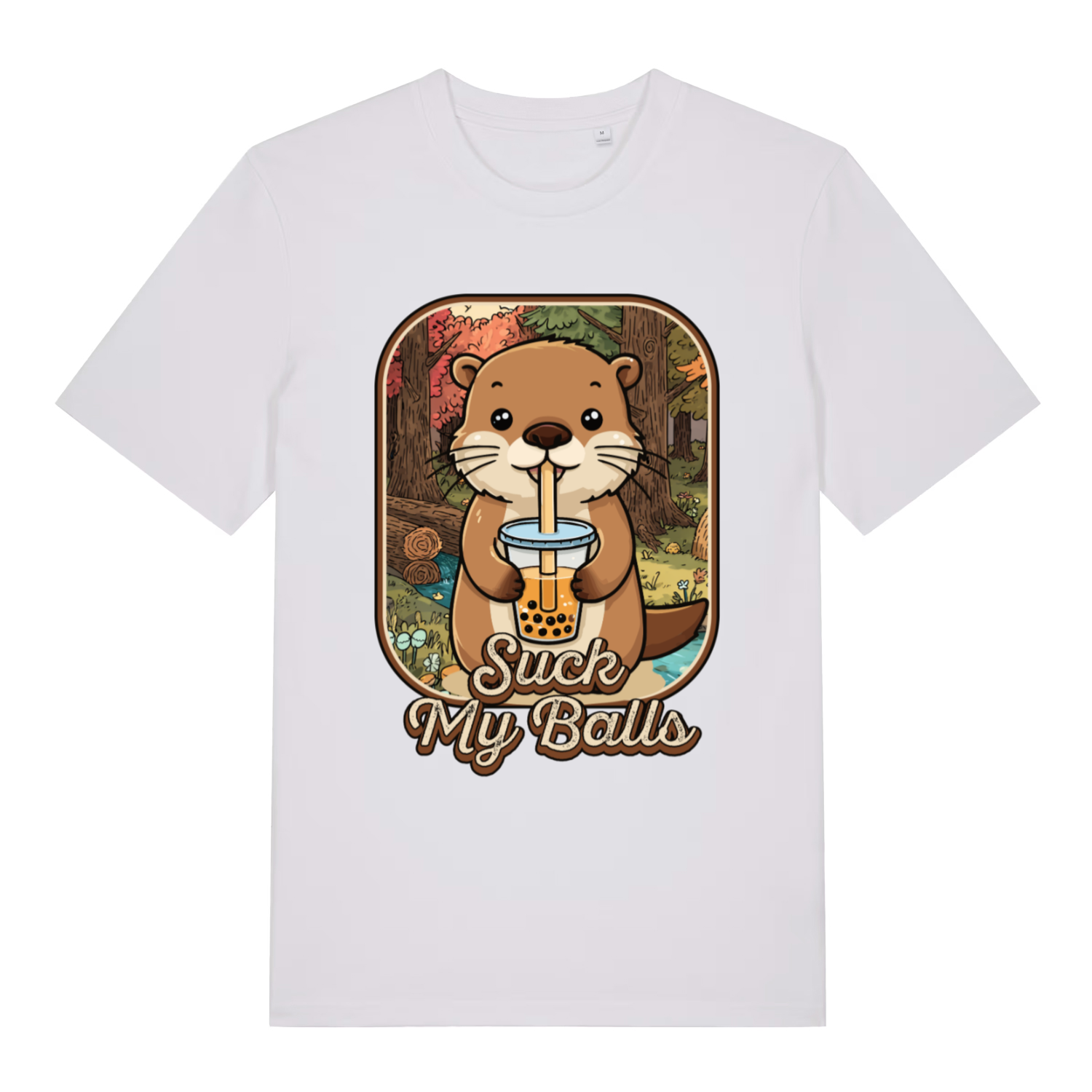White Bubble Tea Beaver T-shirt flat lay displaying funny beaver boba "Suck My Balls" graphic