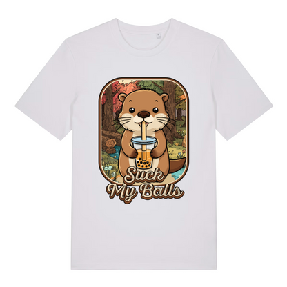 White Bubble Tea Beaver T-shirt flat lay displaying funny beaver boba "Suck My Balls" graphic