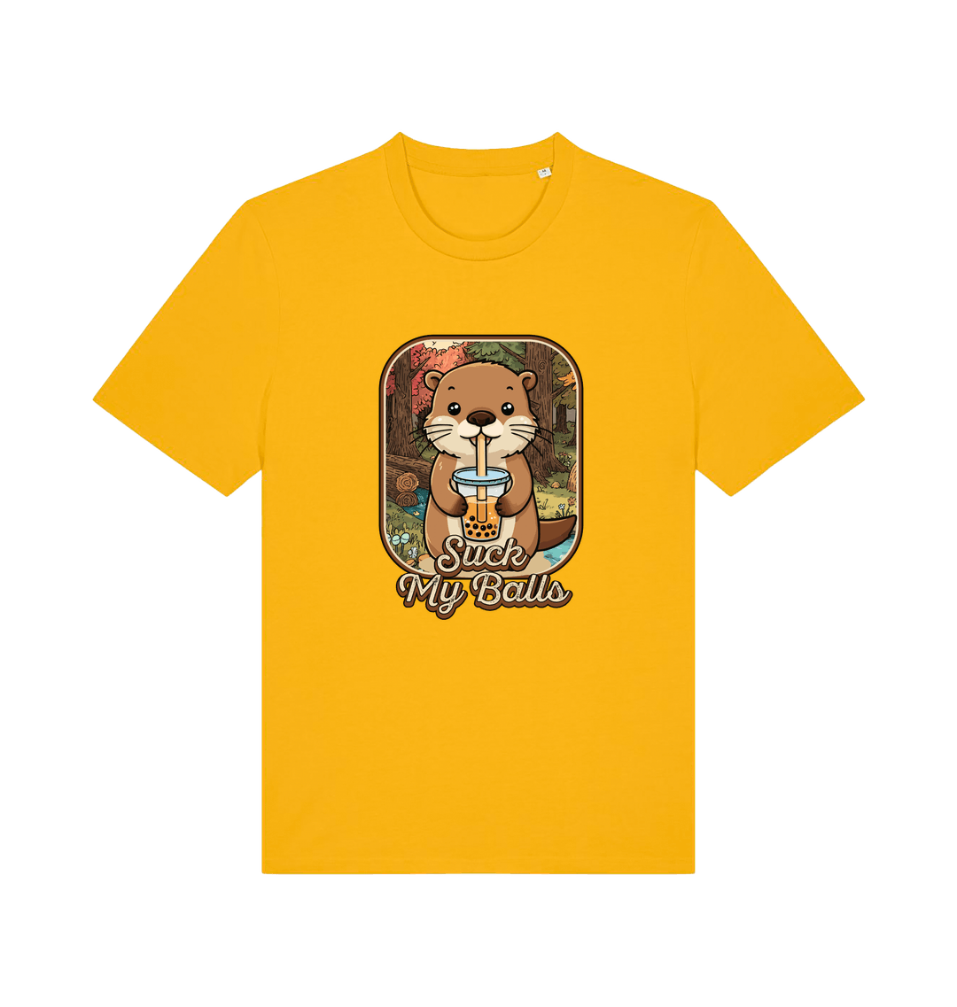 yellow animal t-shirt with the graphic of a beaver and the text 'suck my balls'