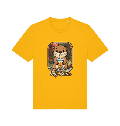 yellow animal t-shirt with the graphic of a beaver and the text 'suck my balls'