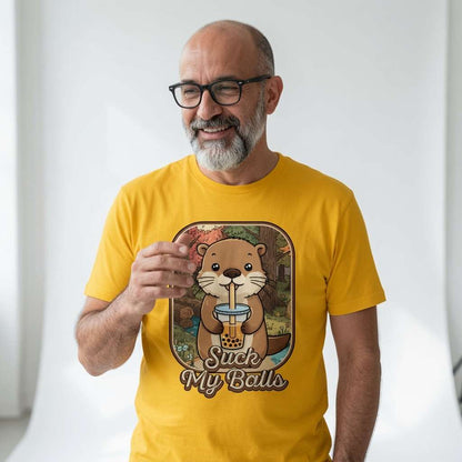 Man in yellow Suck My Balls beaver t-shirt, witty beaver graphic bubble tea tee