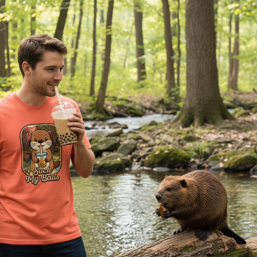 Man in an orange shirt with a beaver graphic drinking from a cup in a forest setting with a beaver on a log.