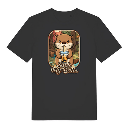 black funny animal t-shirt with the graphic of a beaver drinking bubble tea and the slogan 'suck my balls'