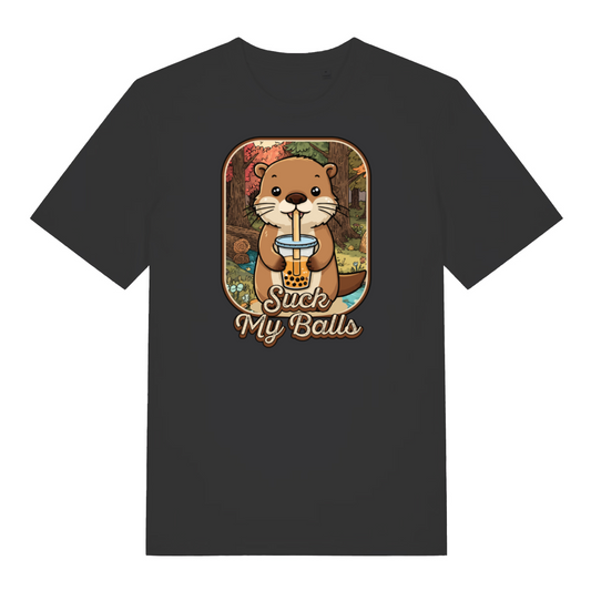 black funny animal t-shirt with the graphic of a beaver drinking bubble tea and the slogan 'suck my balls'