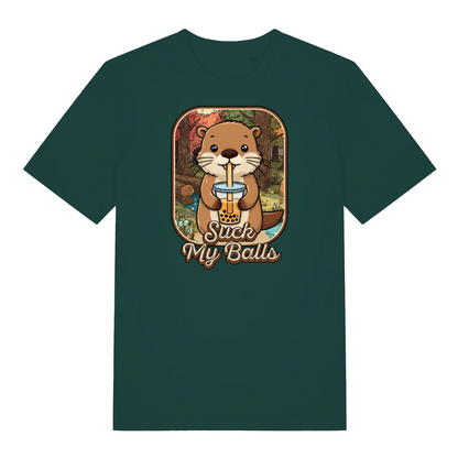 green funny animal t-shirt with the graphic of a beaver drinking bubble tea and the slogan 'suck my balls'