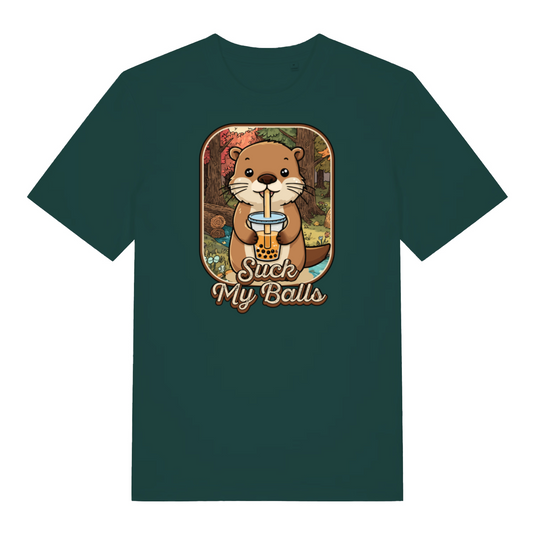 green funny animal t-shirt with the graphic of a beaver drinking bubble tea and the slogan 'suck my balls'