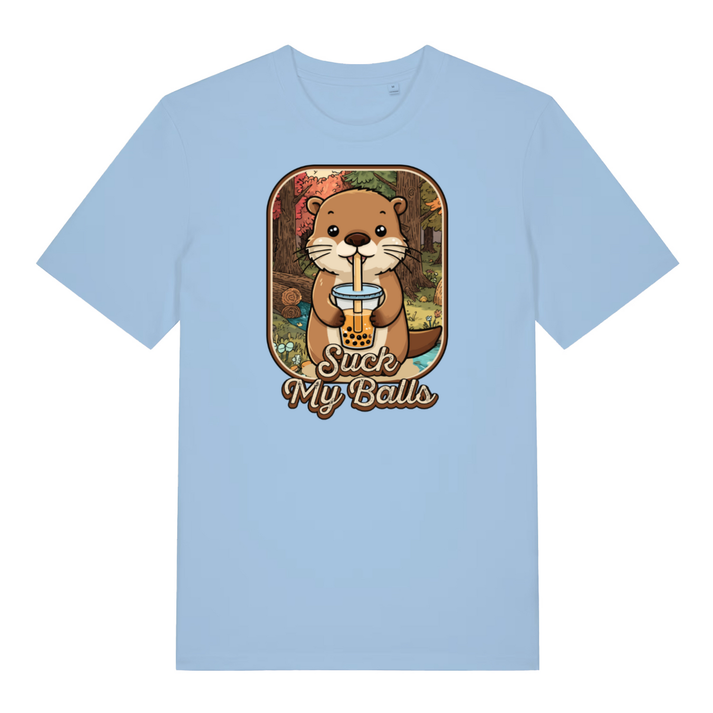 light blue funny animal t-shirt with the graphic of a beaver drinking bubble tea and the slogan 'suck my balls'