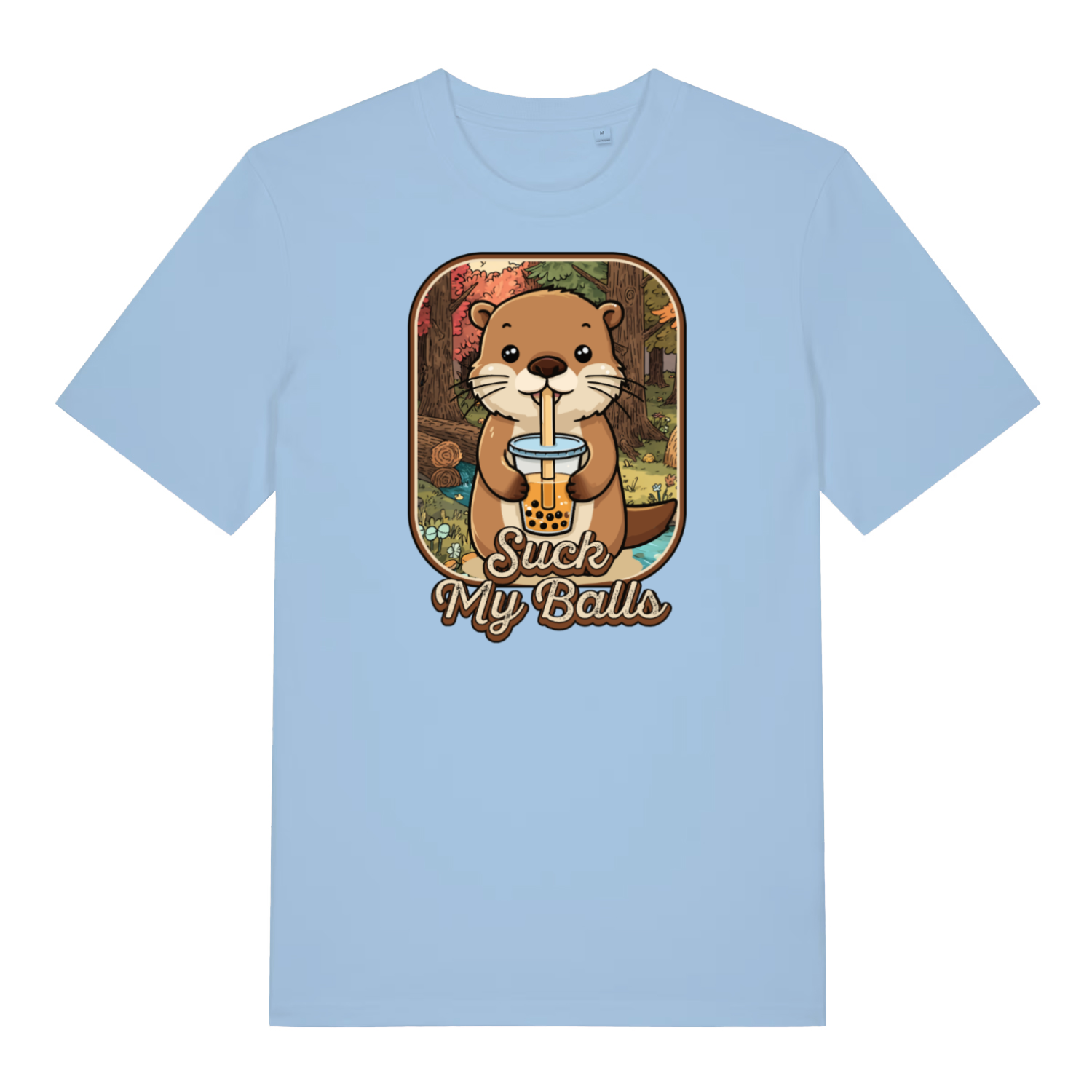 light blue funny animal t-shirt with the graphic of a beaver drinking bubble tea and the slogan 'suck my balls'