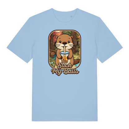 light blue funny animal t-shirt with the graphic of a beaver drinking bubble tea and the slogan 'suck my balls'