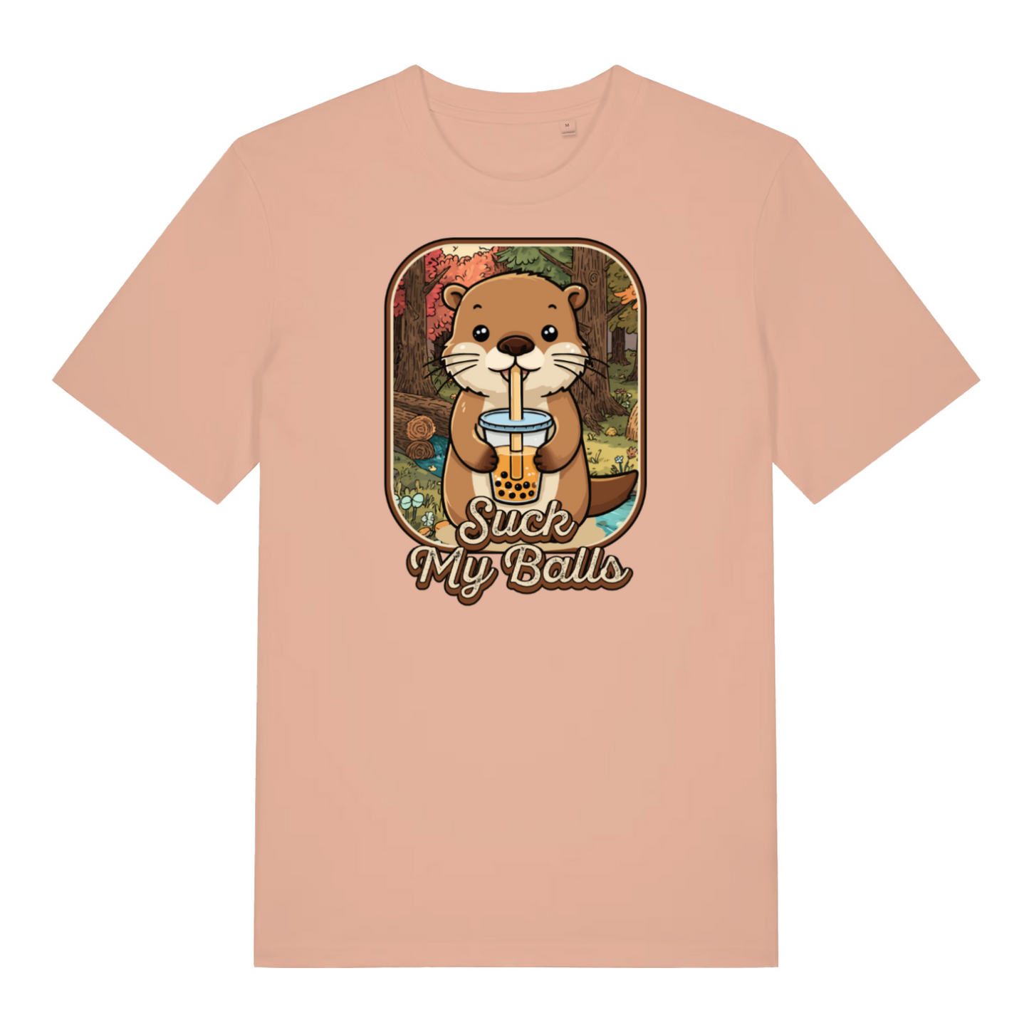peach funny animal t-shirt with the graphic of a beaver drinking bubble tea and the slogan 'suck my balls'