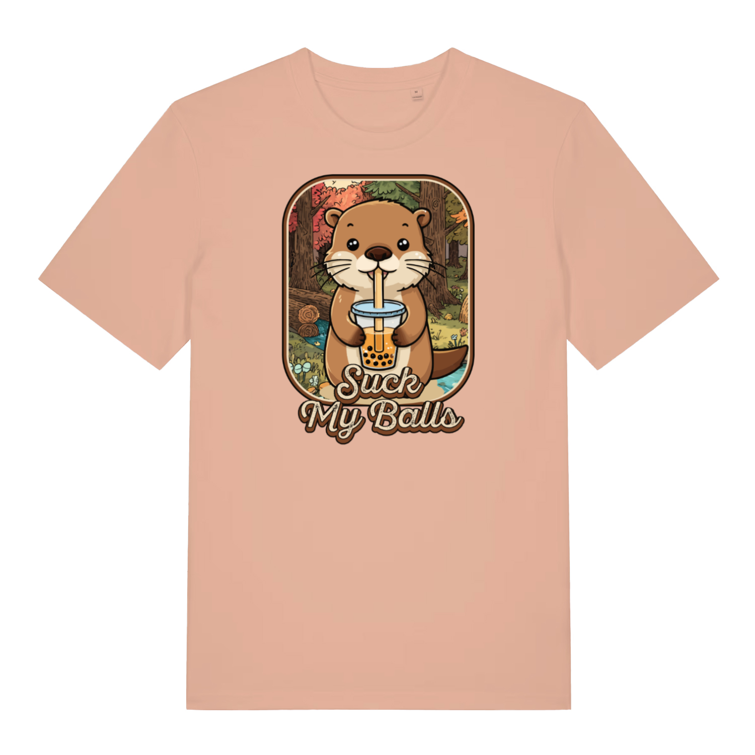peach funny animal t-shirt with the graphic of a beaver drinking bubble tea and the slogan 'suck my balls'