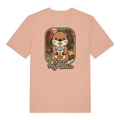 peach funny animal t-shirt with the graphic of a beaver drinking bubble tea and the slogan 'suck my balls'