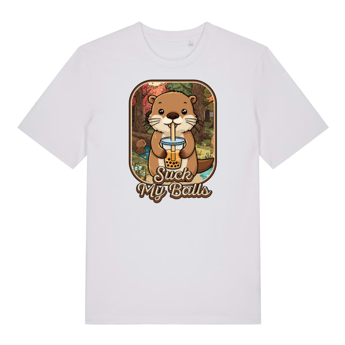 white funny animal t-shirt with the graphic of a beaver drinking bubble tea and the slogan 'suck my balls'