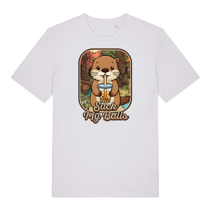 white funny animal t-shirt with the graphic of a beaver drinking bubble tea and the slogan 'suck my balls'