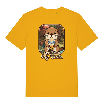 yellow funny animal t-shirt with the graphic of a beaver drinking bubble tea and the slogan 'suck my balls'