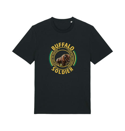 black music t-shirt inspired by bob marley with the graphic of a bull and the text 'buffalo soldier'