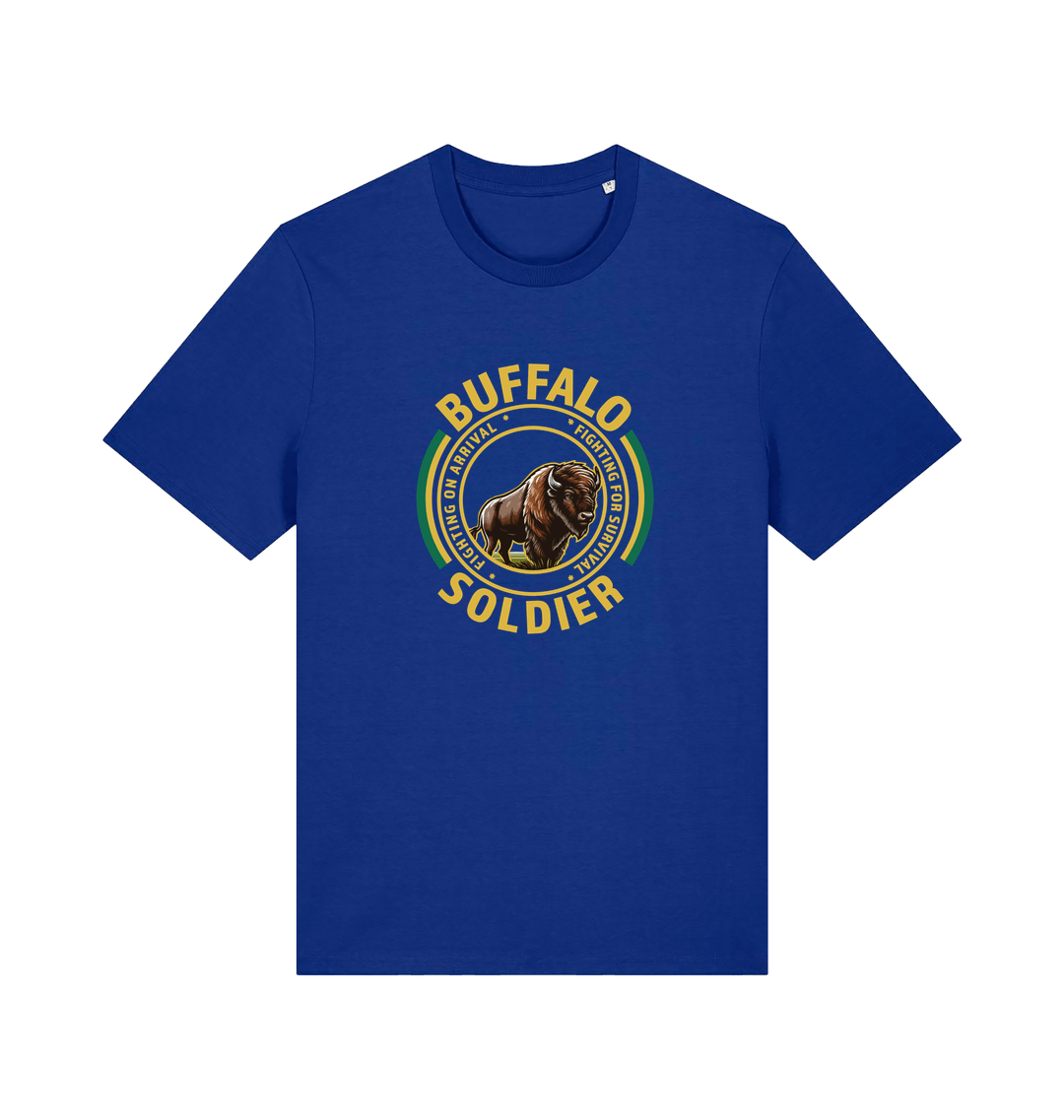 blue music t-shirt inspired by bob marley with the graphic of a bull and the text 'buffalo soldier'