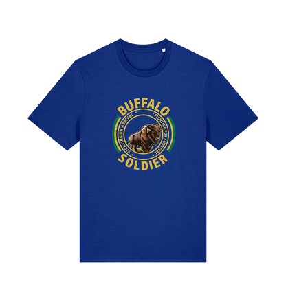 blue music t-shirt inspired by bob marley with the graphic of a bull and the text 'buffalo soldier'