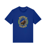 blue music t-shirt inspired by bob marley with the graphic of a bull and the text 'buffalo soldier'
