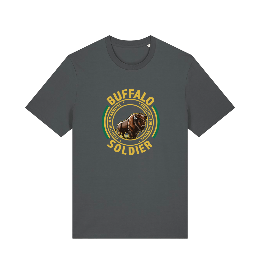 gray music t-shirt inspired by bob marley with the graphic of a bull and the text 'buffalo soldier'