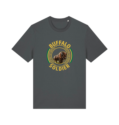 gray music t-shirt inspired by bob marley with the graphic of a bull and the text 'buffalo soldier'