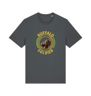 gray music t-shirt inspired by bob marley with the graphic of a bull and the text 'buffalo soldier'