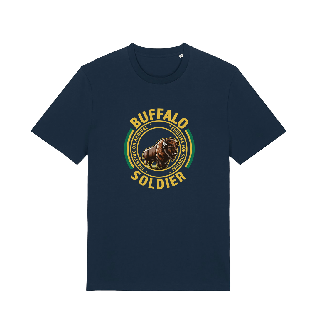 navy music t-shirt inspired by bob marley with the graphic of a bull and the text 'buffalo soldier'