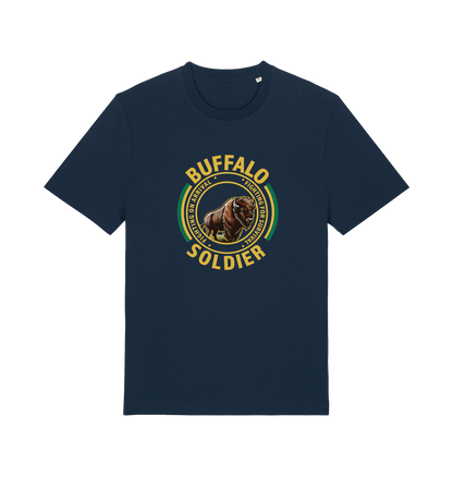 navy music t-shirt inspired by bob marley with the graphic of a bull and the text 'buffalo soldier'