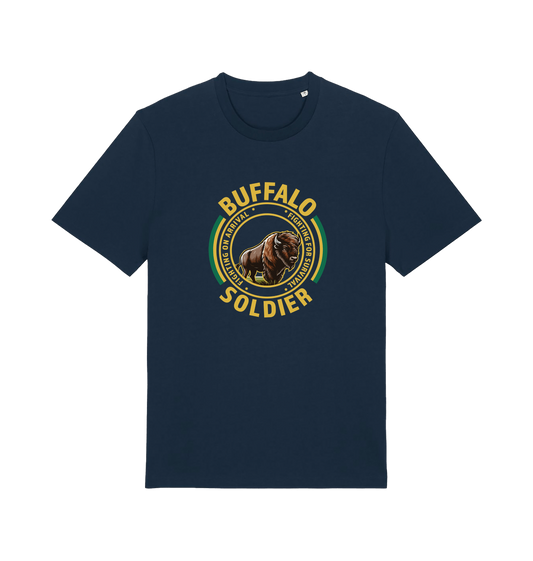 navy music t-shirt inspired by bob marley with the graphic of a bull and the text 'buffalo soldier'