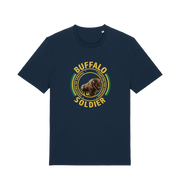navy music t-shirt inspired by bob marley with the graphic of a bull and the text 'buffalo soldier'