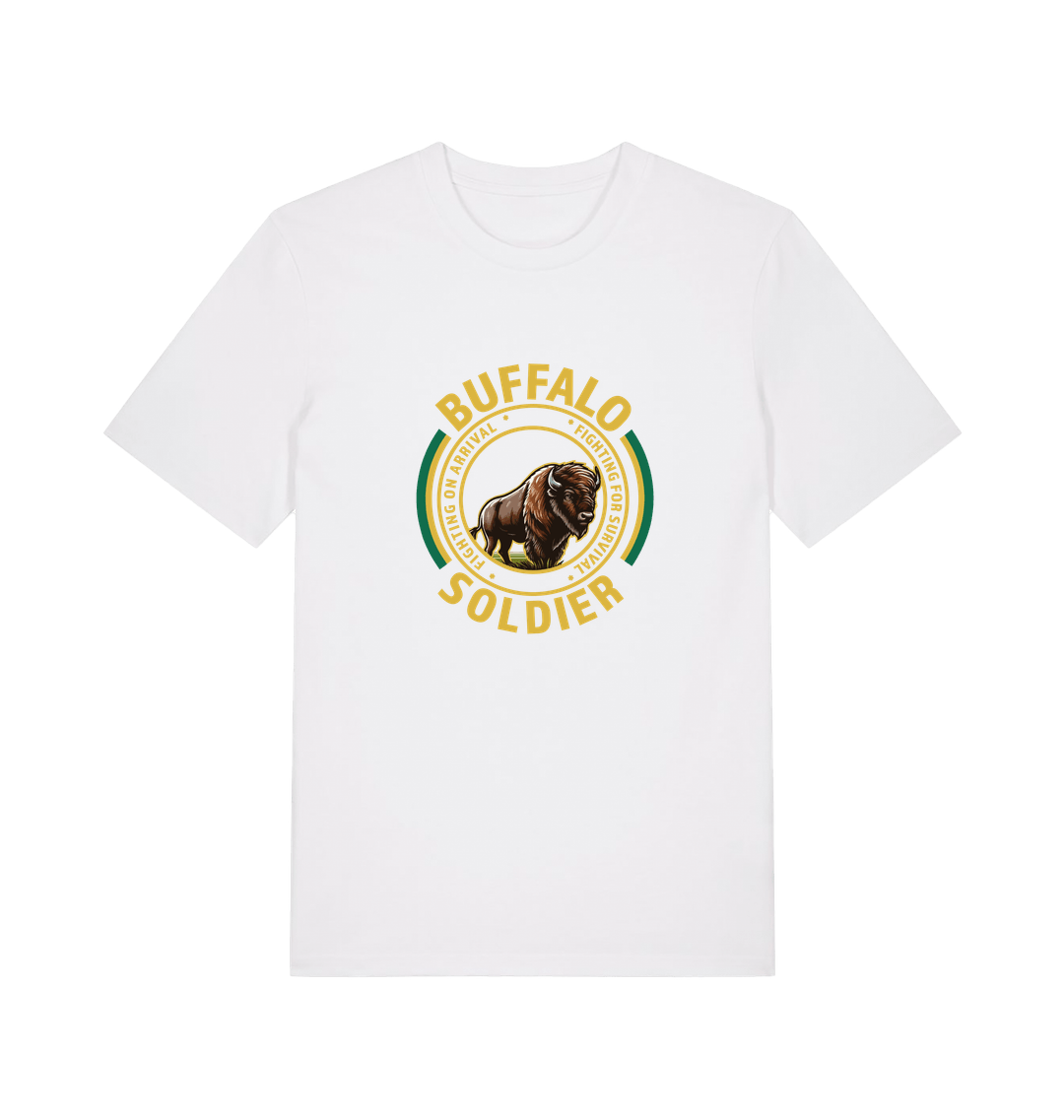 white music t-shirt inspired by bob marley with the graphic of a bull and the text 'buffalo soldier'