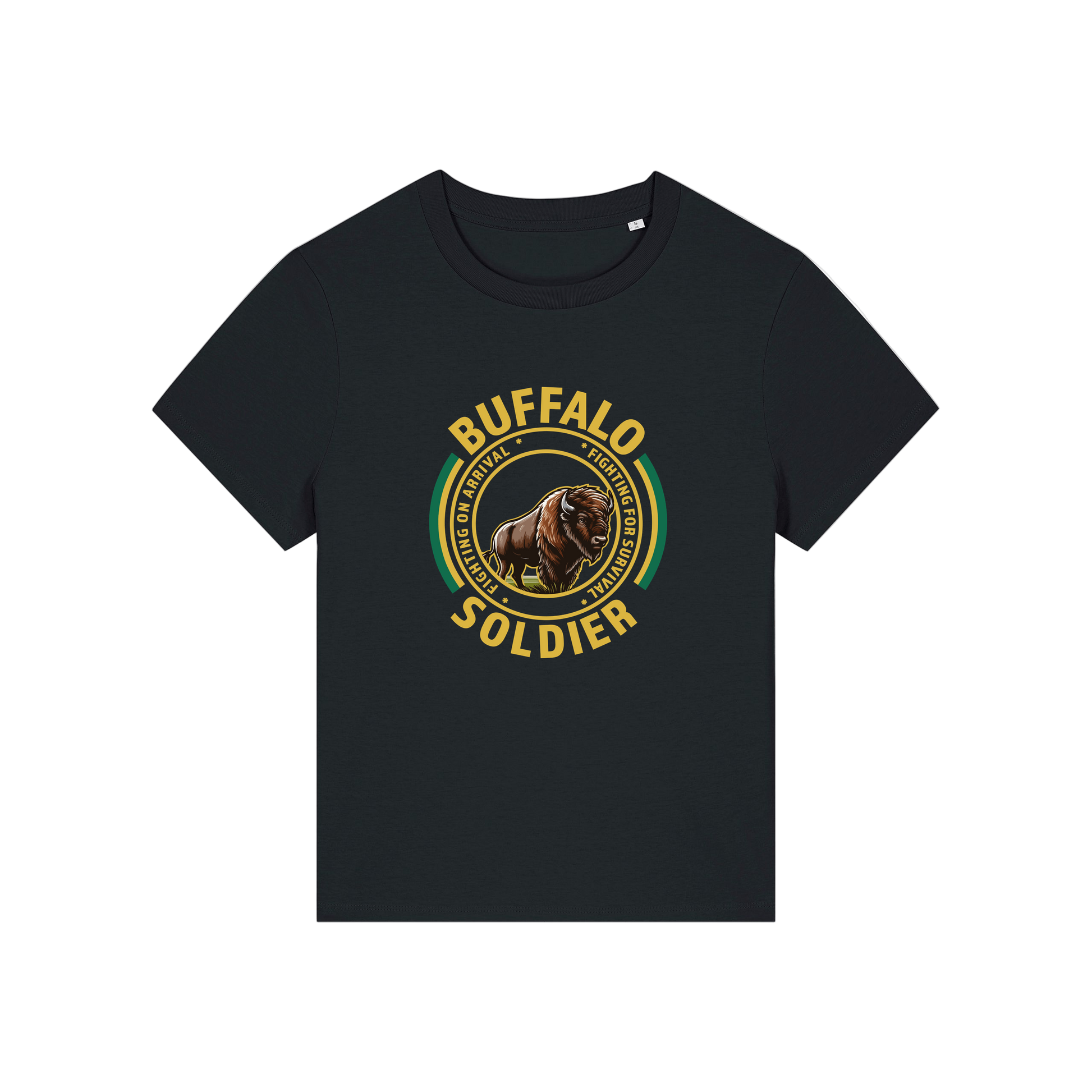 black music t-shirt with the graphic of a buffalo and the slogan 'buffalo soldier'