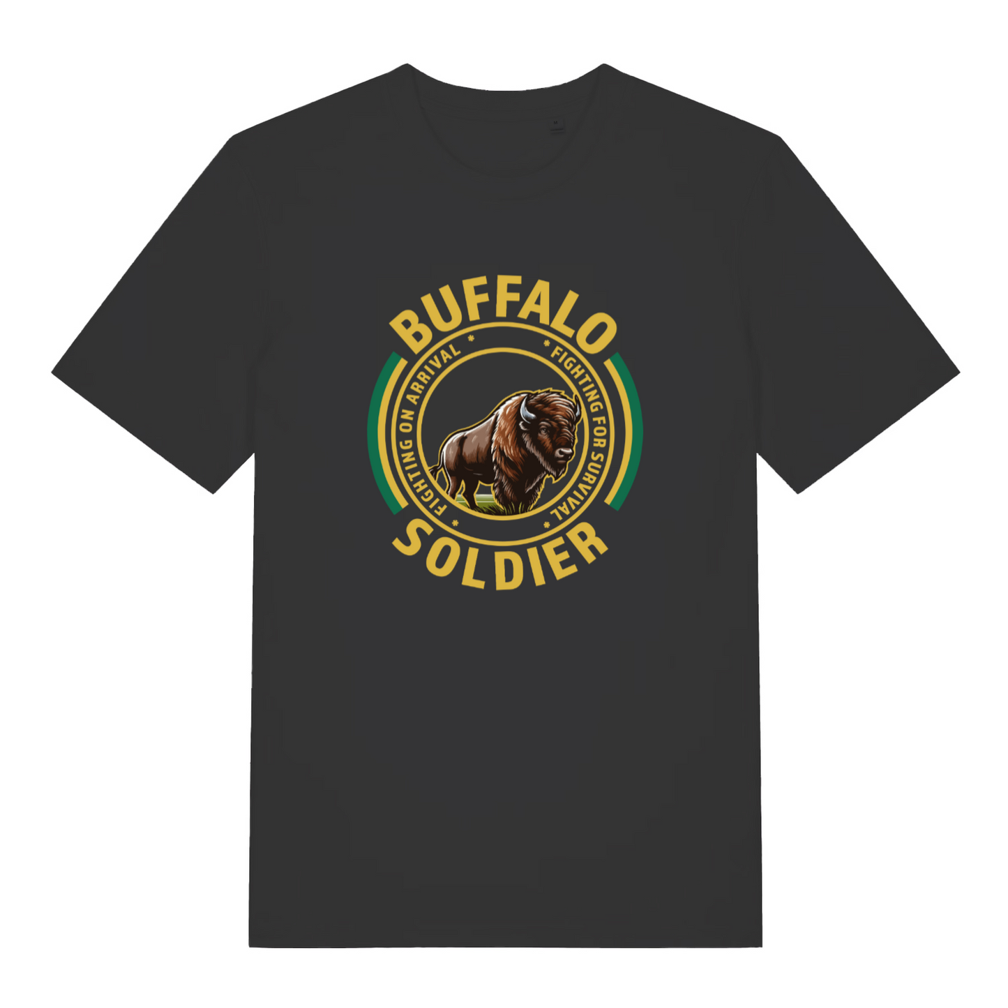 black women's music t-shirt with the graphic of a buffalo and the slogan 'buffalo soldier'