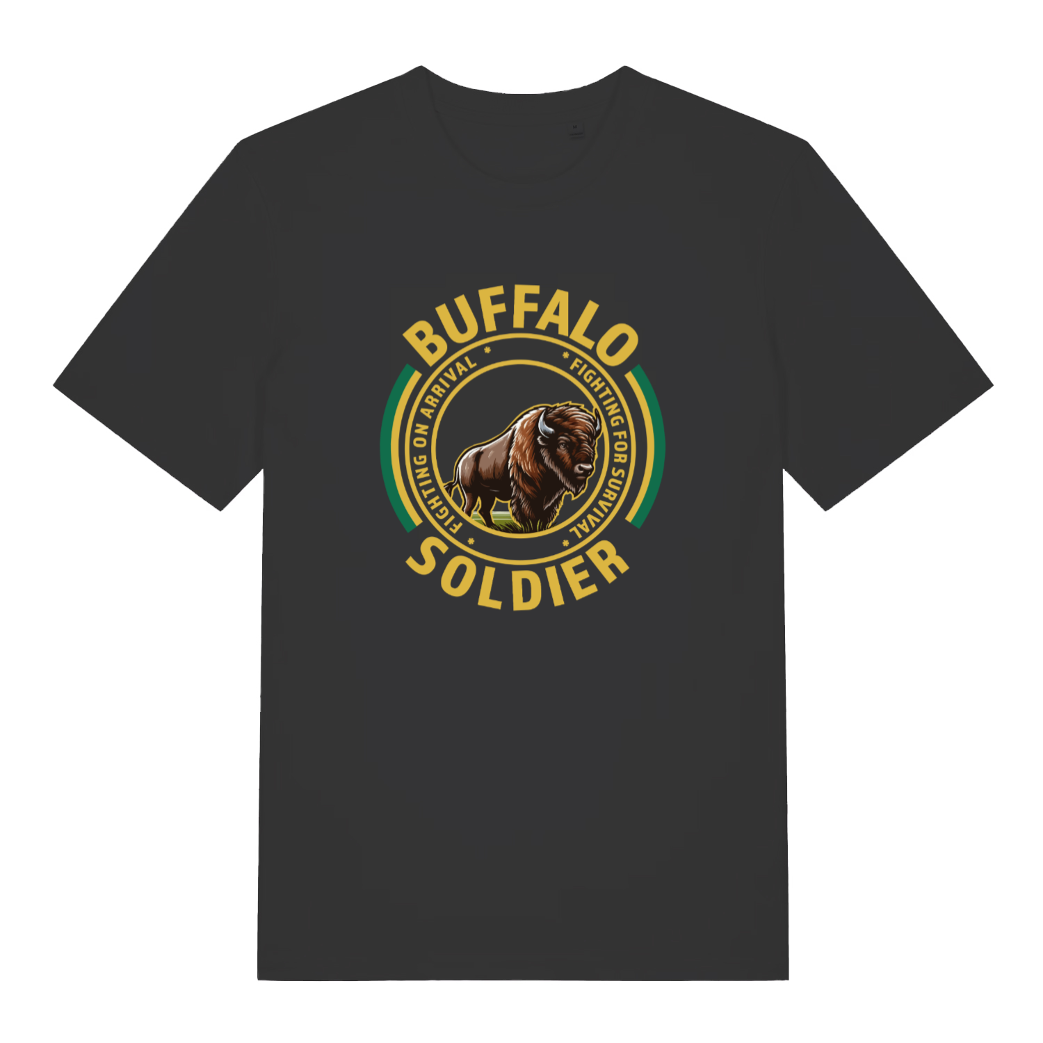 black women's music t-shirt with the graphic of a buffalo and the slogan 'buffalo soldier'