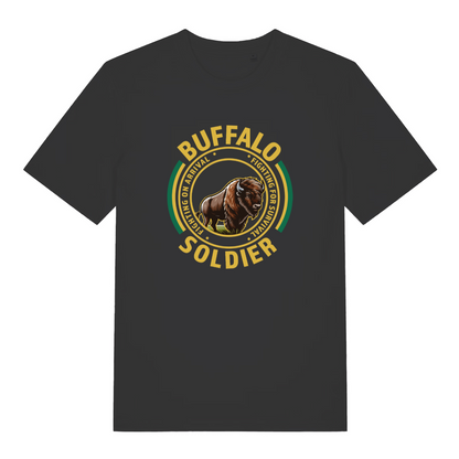 black women's music t-shirt with the graphic of a buffalo and the slogan 'buffalo soldier'