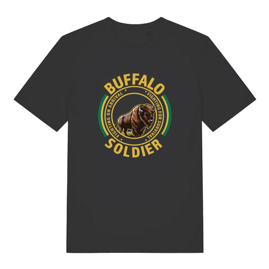black women's music t-shirt with the graphic of a buffalo and the slogan 'buffalo soldier'