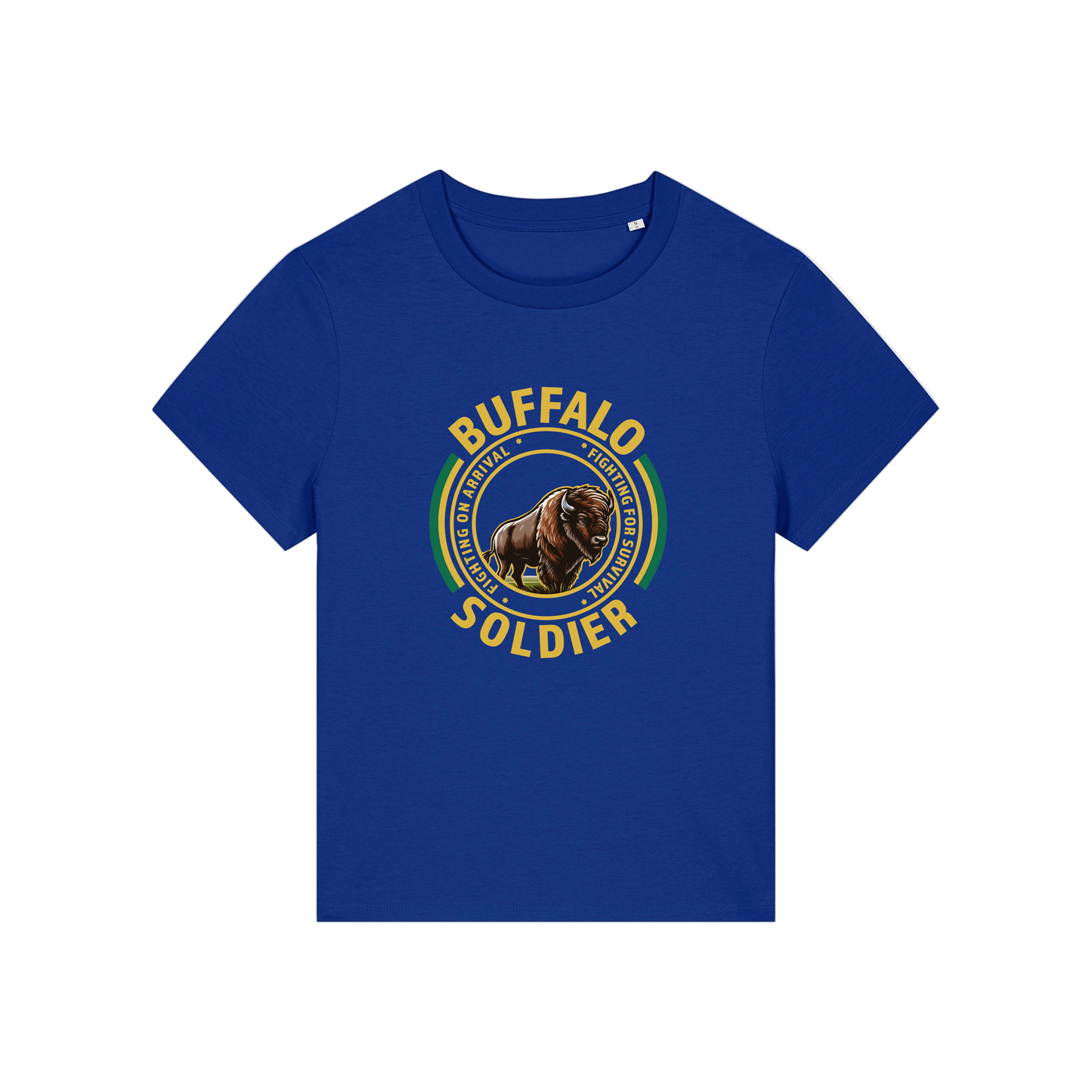 blue music t-shirt with the graphic of a buffalo and the slogan 'buffalo soldier'